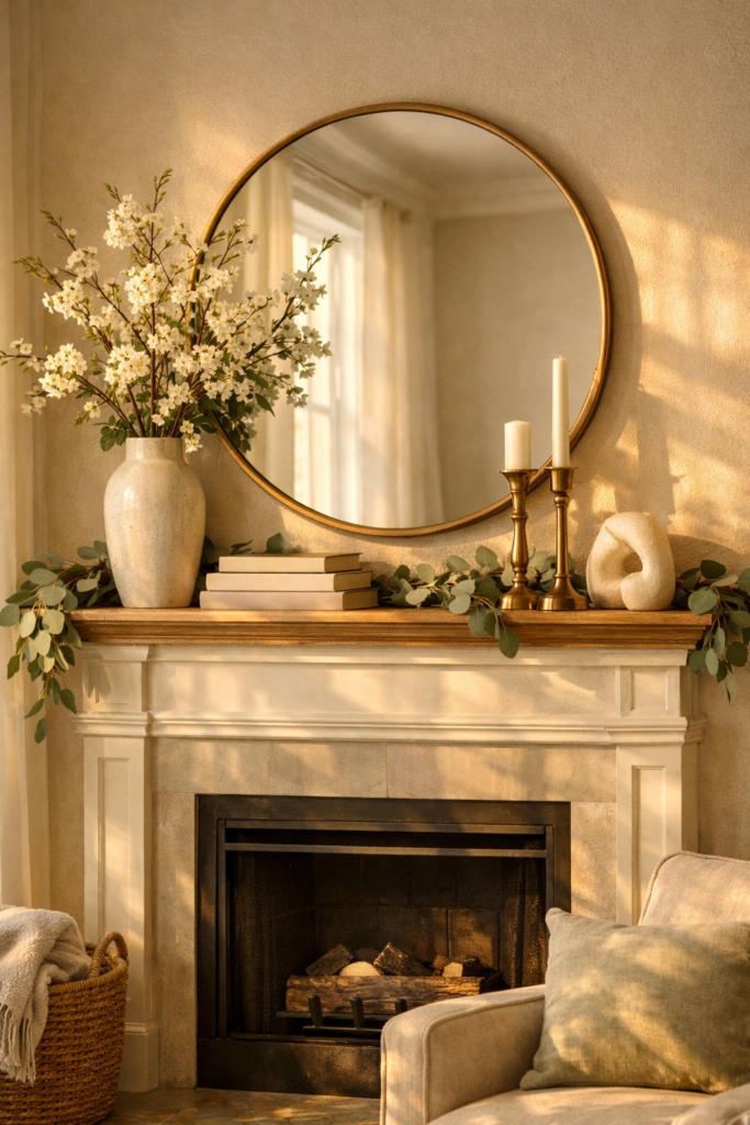 spring mantel decor ideas with greenery candles and balanced fireplace styling