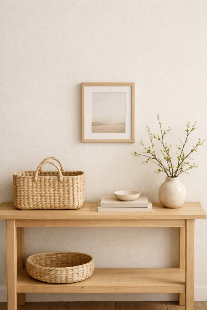 2️⃣ small entryway decor spring styling with floating shelf hooks and vertical mirror