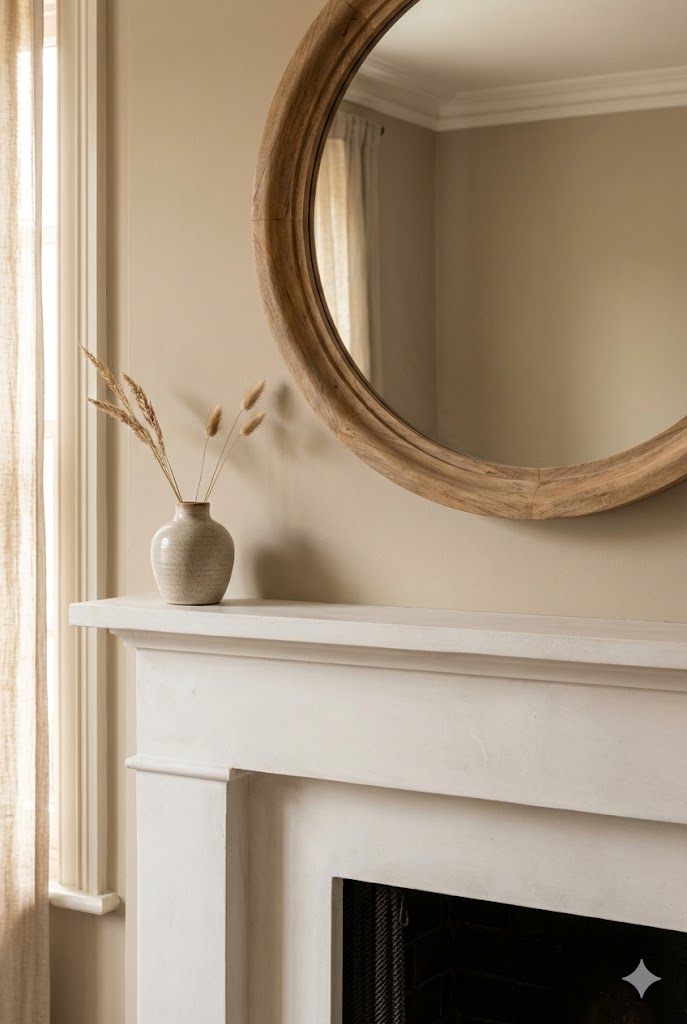 spring mantel decor ideas using a round mirror as a centered anchor piece