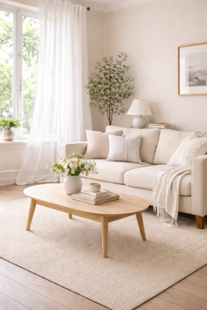 spring living room refresh ideas with light woven rug and neutral seating