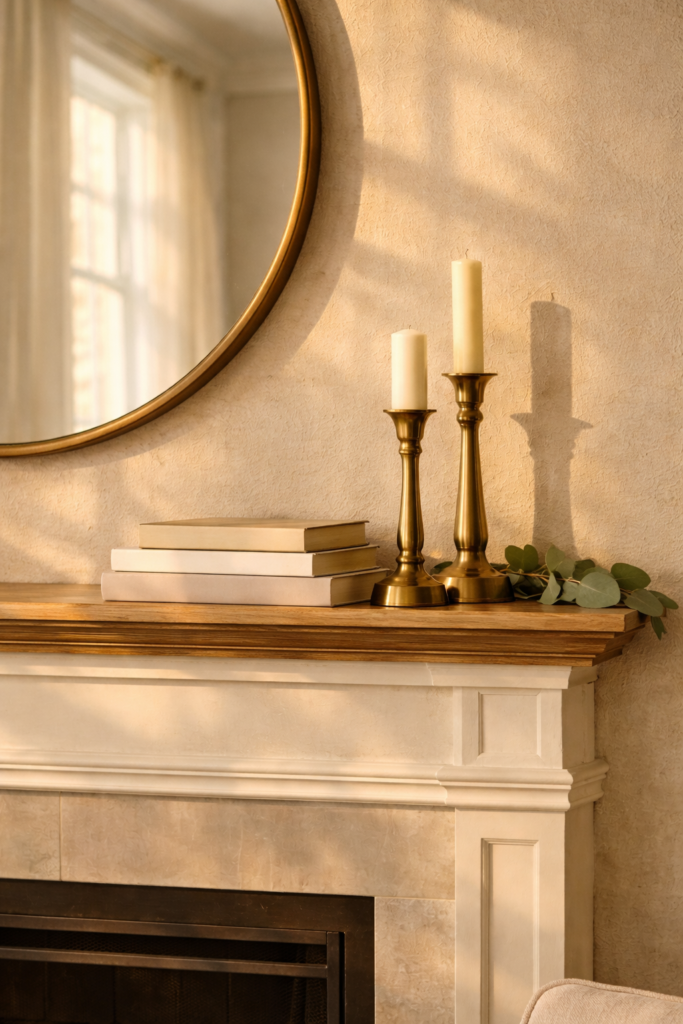 spring mantel decor ideas with mixed height candle styling for visual balance