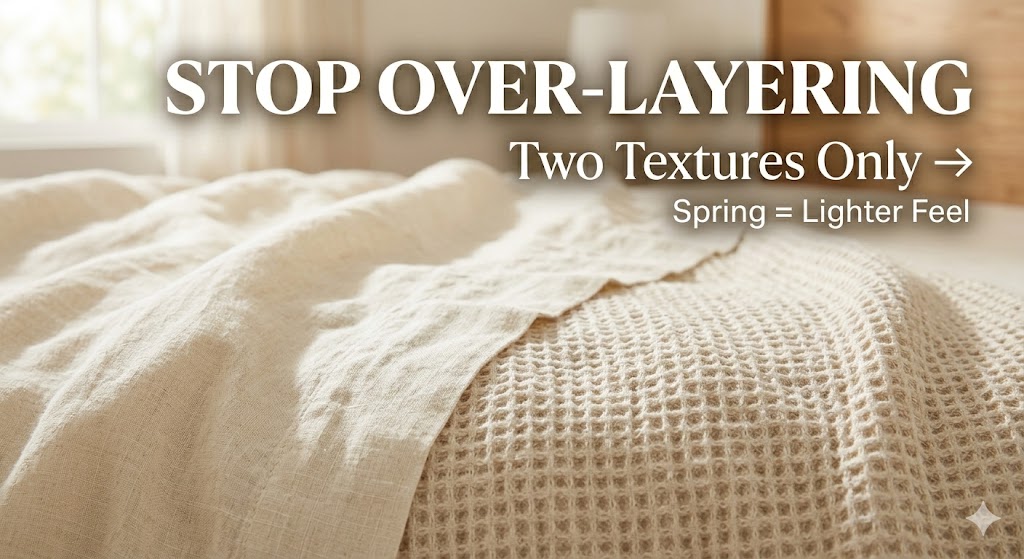 two textures only linen and waffle knit layered with floral bedding in spring