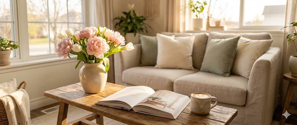spring interior styling ideas with pastel flowers and coffee table.