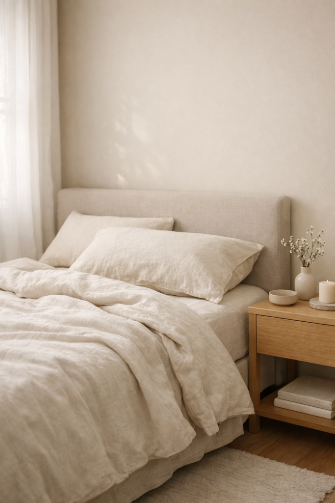 spring bedroom reset with natural daylight and warm bedside lighting