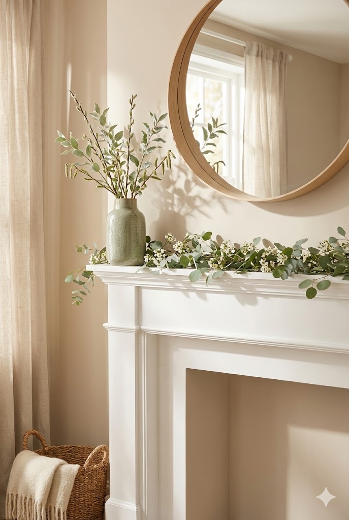 spring mantel decor ideas with light eucalyptus garland and airy greenery