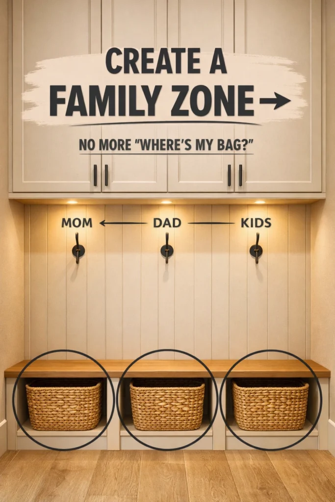family laundry mud room ideas with labeled individual drop zones for each family member
