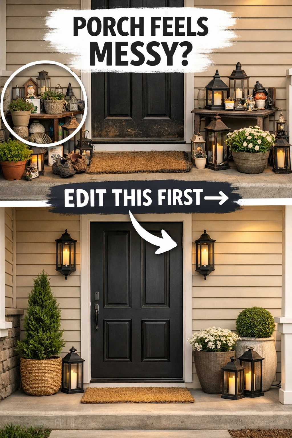 One of the biggest reasons a front porch feels cheap is visual clutter. Too many tiny accents, dusty planters, old seasonal leftovers, and random entry items can make even a beautiful porch feel stressful instead of welcoming.