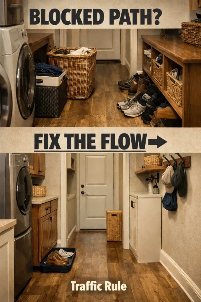 small laundry mud room ideas using vertical wall storage and floating shelves