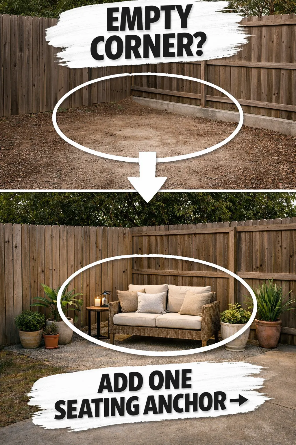 backyard corner ideas with one strong outdoor seating anchor