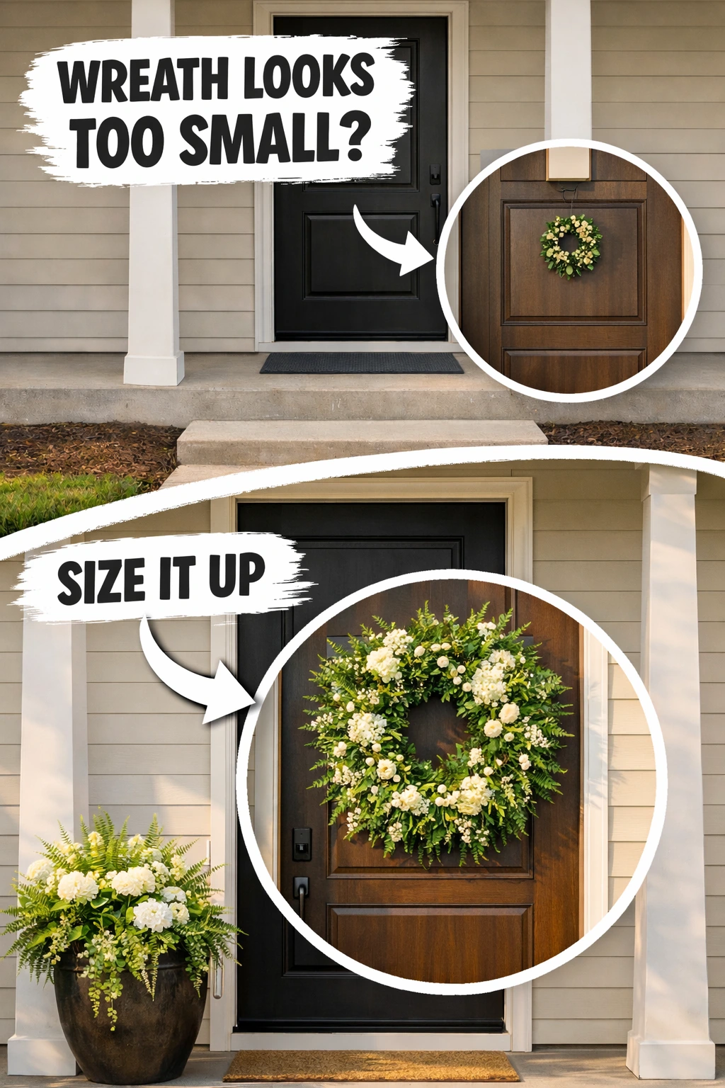 front door decor ideas using a larger wreath with better scale