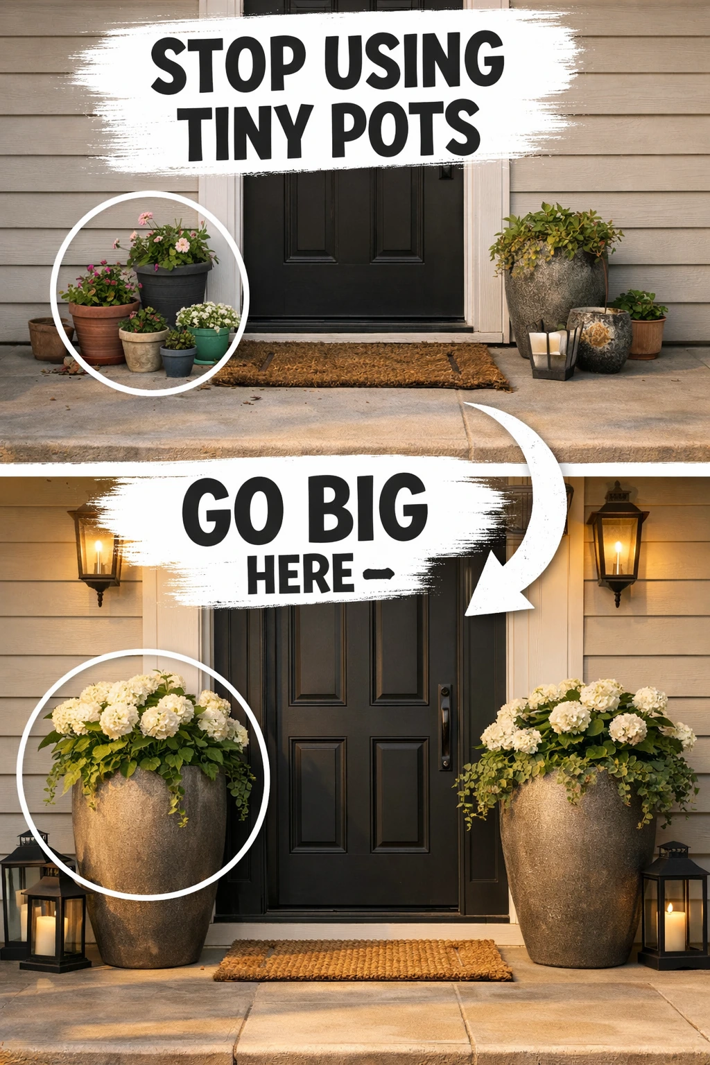 cozy front porch decor ideas using oversized planters by the front door