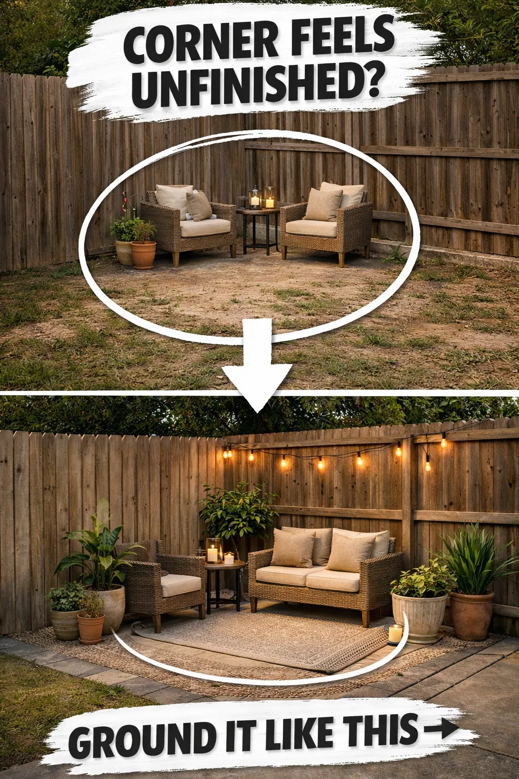 backyard corner ideas using a rug or pavers to ground an outdoor retreat