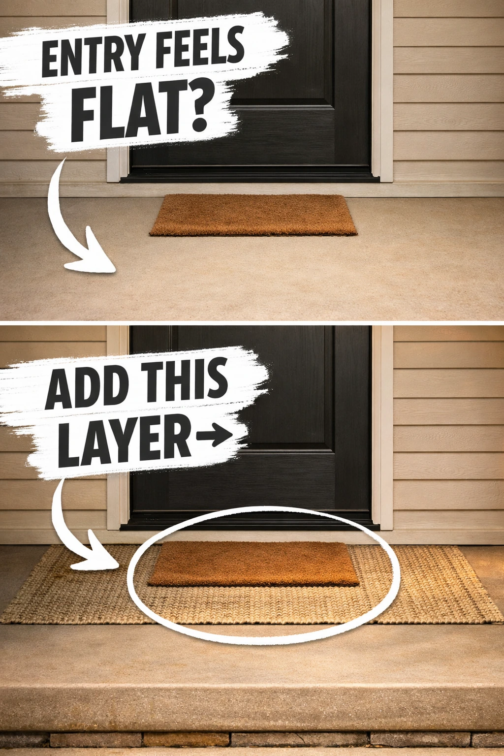 cozy front porch decor ideas with a layered outdoor rug and doormat