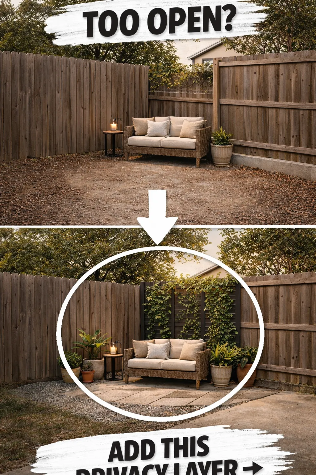 backyard corner ideas with privacy layers like tall planters and screens