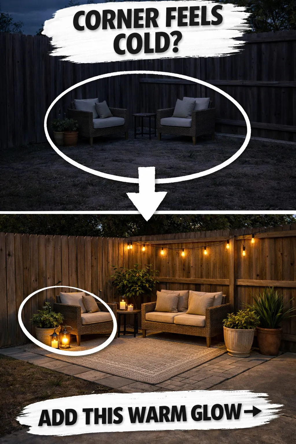 backyard corner ideas with warm lantern and string light glow