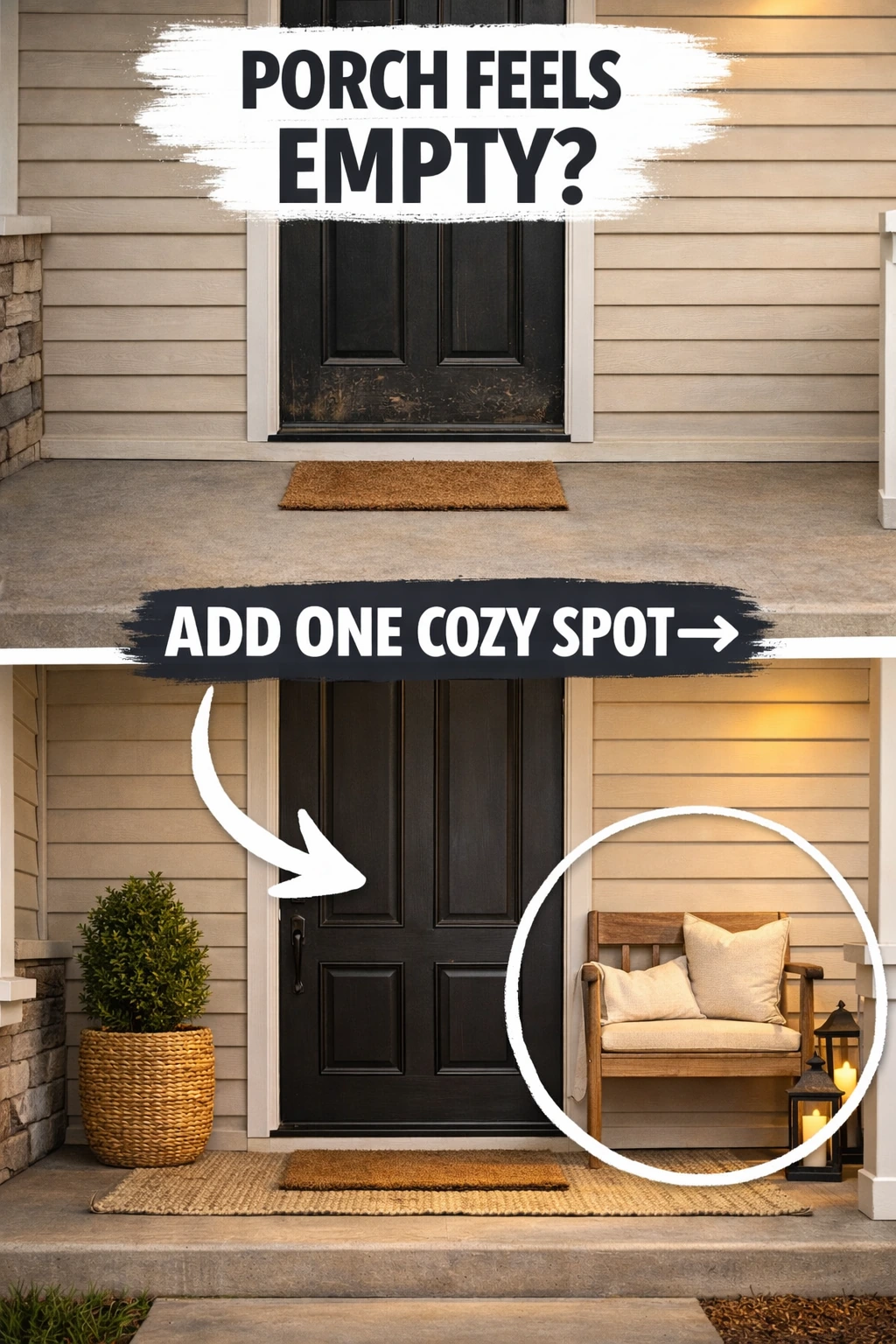 cozy front porch decor ideas with one small bench seating moment