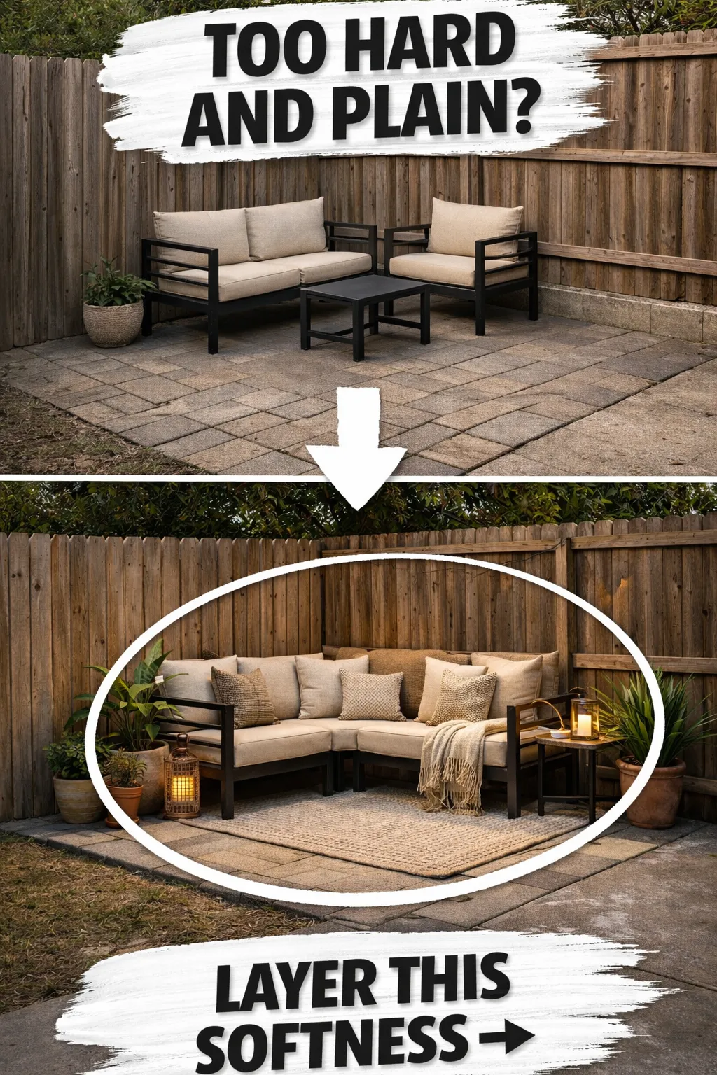 backyard corner ideas with layered outdoor textiles and soft cushions