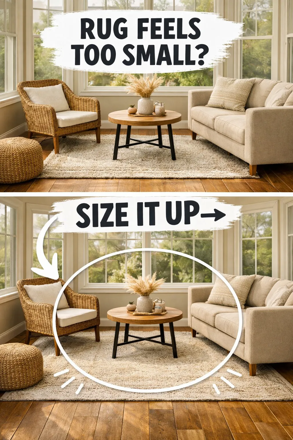 sunroom rug ideas with a larger rug that anchors the seating area