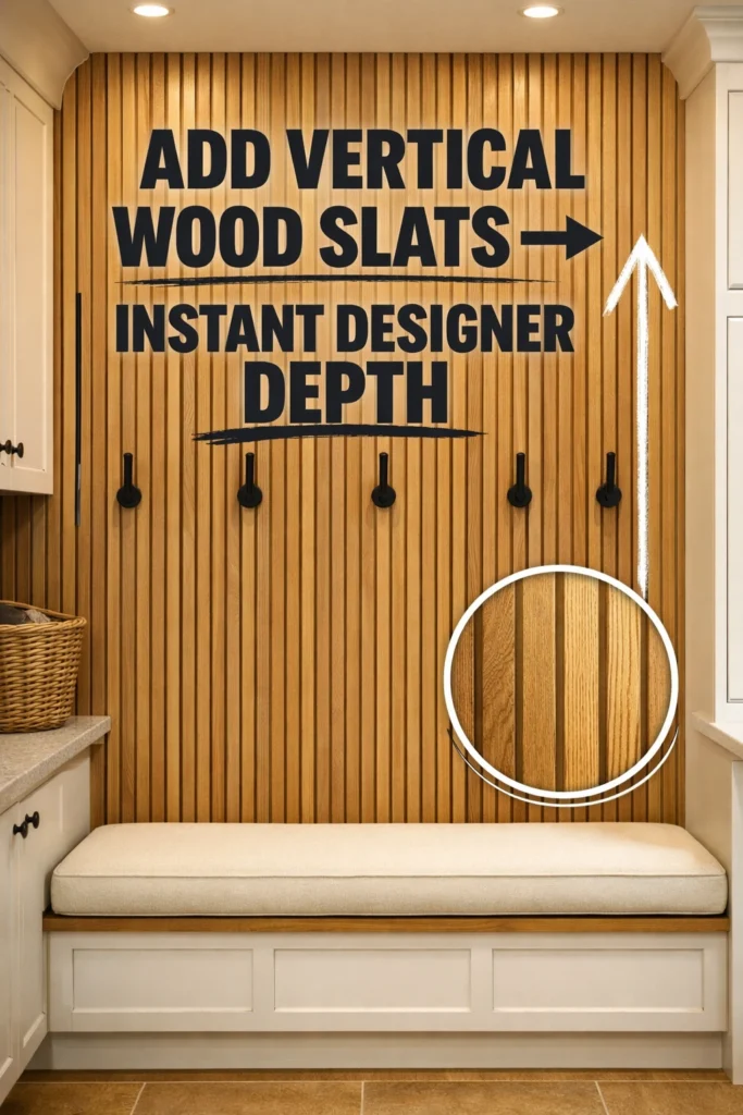 vertical wood slat accent wall behind bench in a modern laundry mud room design with warm neutral cabinetry and layered lighting