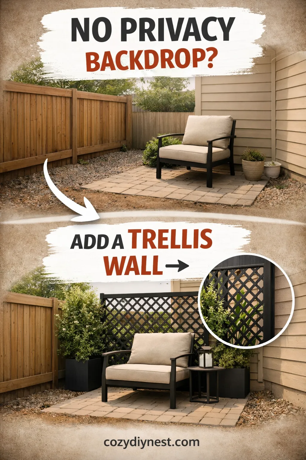 Trellis privacy screen adding structure behind seating in a backyard corner