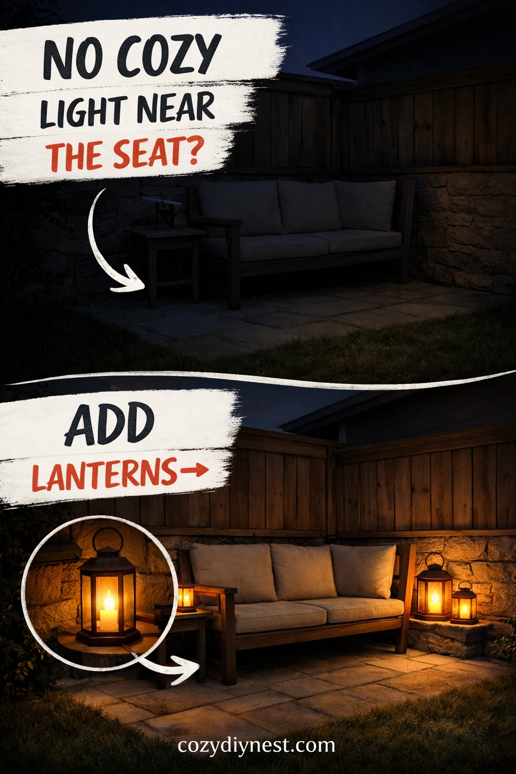 Warm lanterns adding cozy glow near backyard seating at night