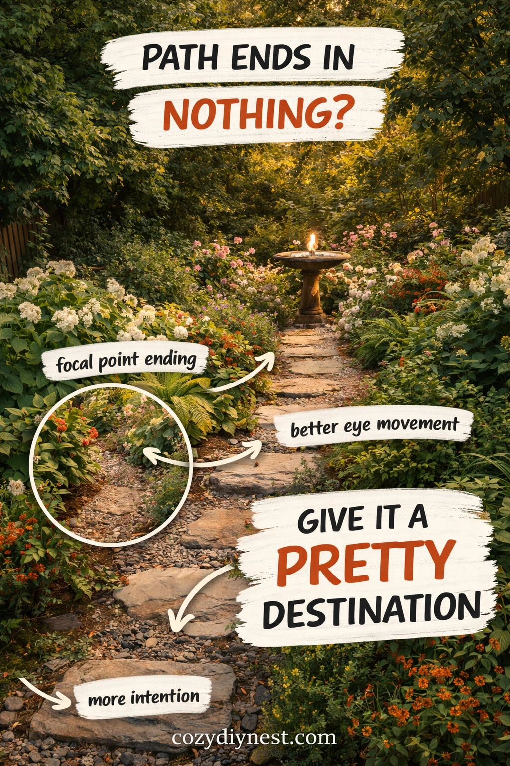 Gravel garden path leading to a cozy backyard seating area