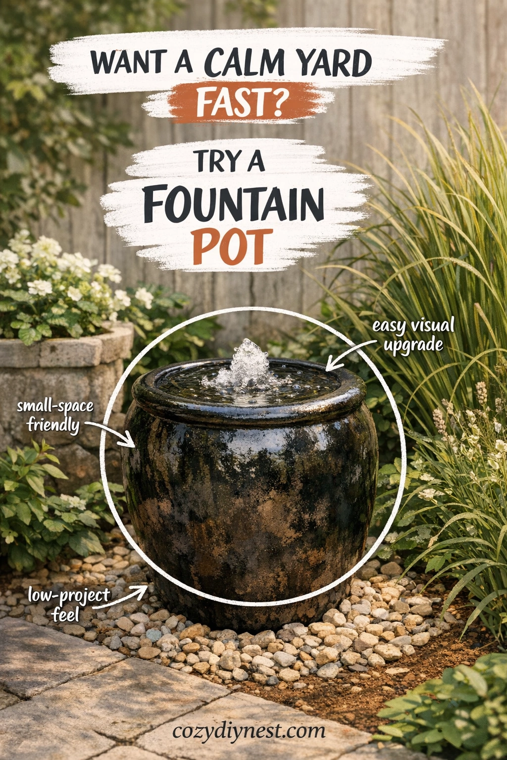 Fountain pot adding calm and style to a small backyard garden
