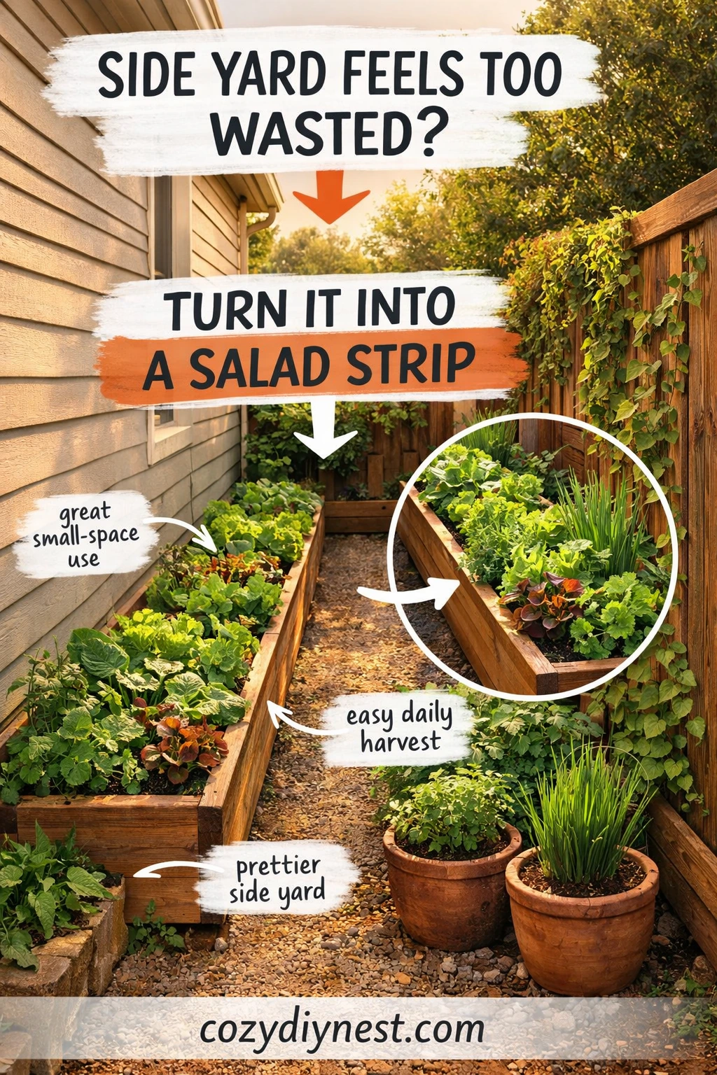 Side-yard salad and herb strip in a small home vegetable garden