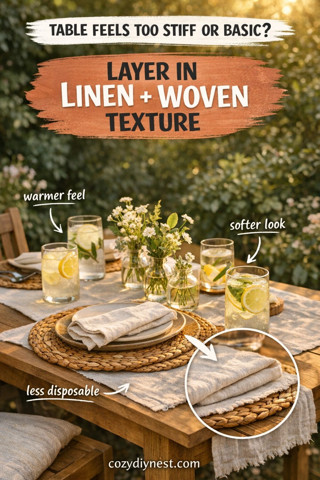 Outdoor table layered with linen and woven texture in a warm backyard