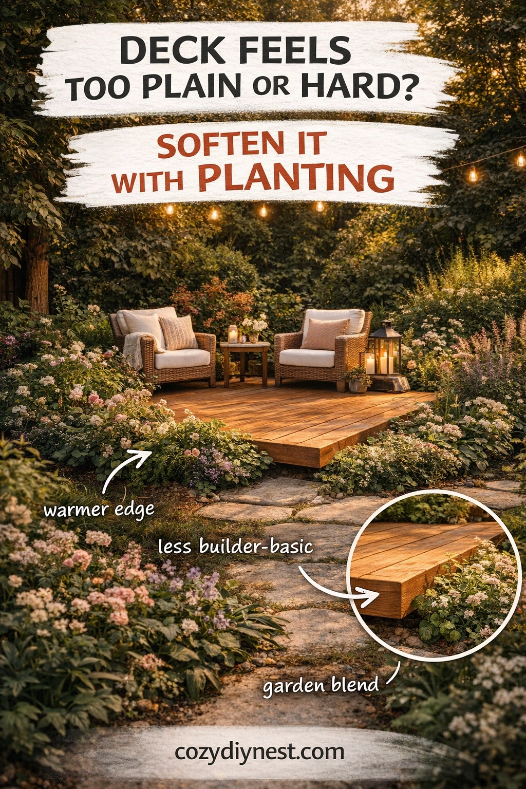 Ground-level deck softened by planting in a warm backyard garden