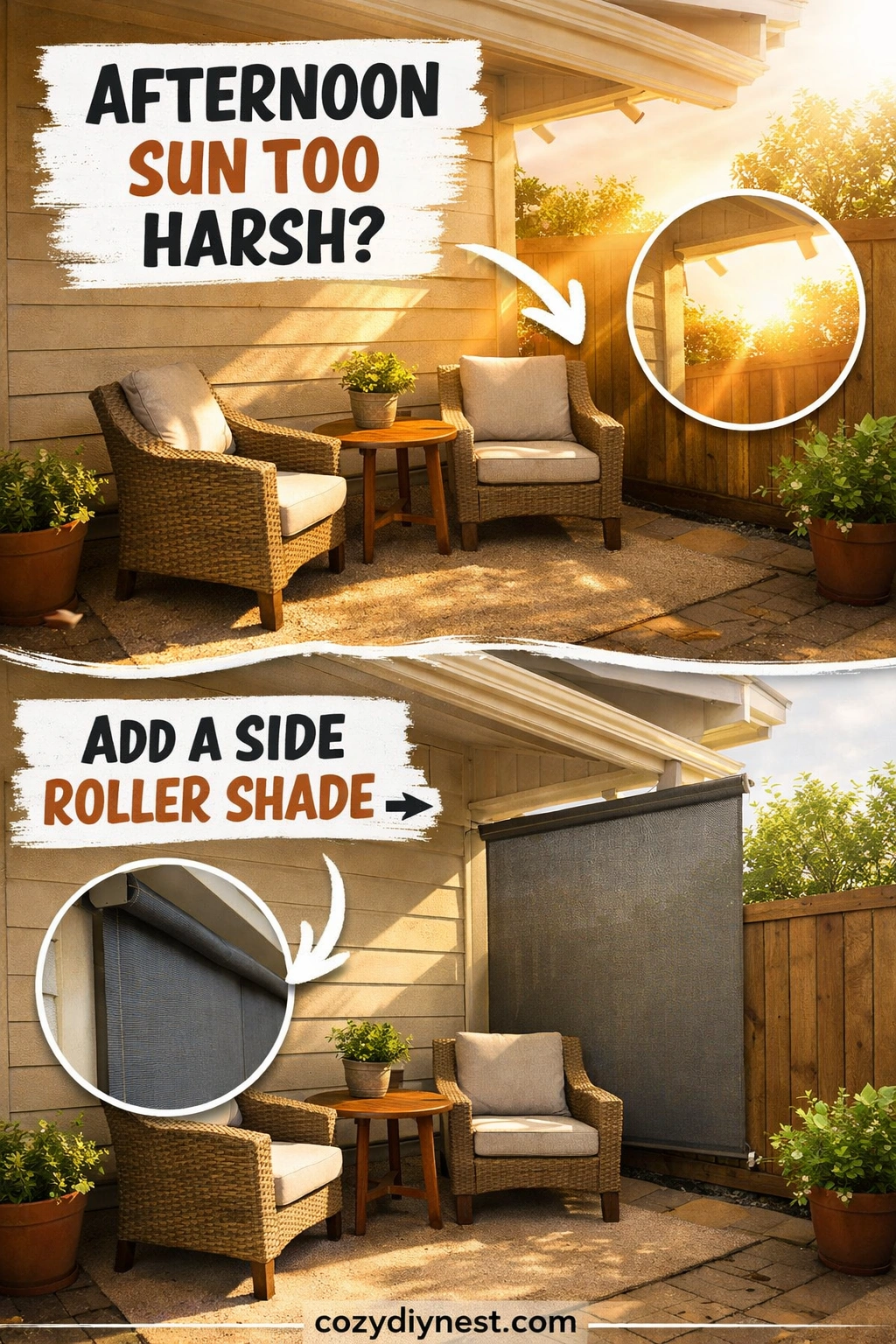 Outdoor roller shade blocking harsh side sun on a small patio corner