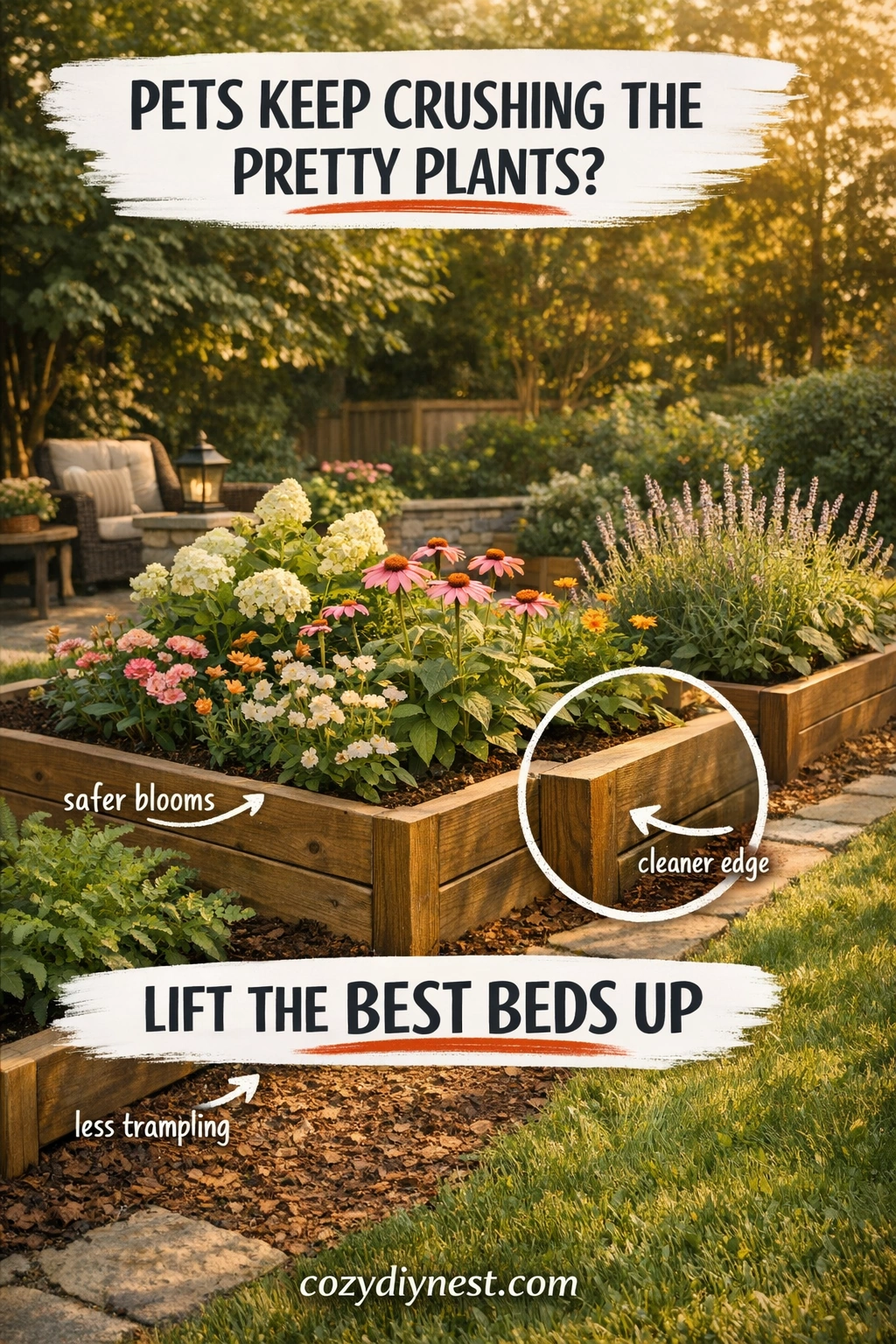 Raised planting beds protecting flowers in a pet-friendly backyard garden