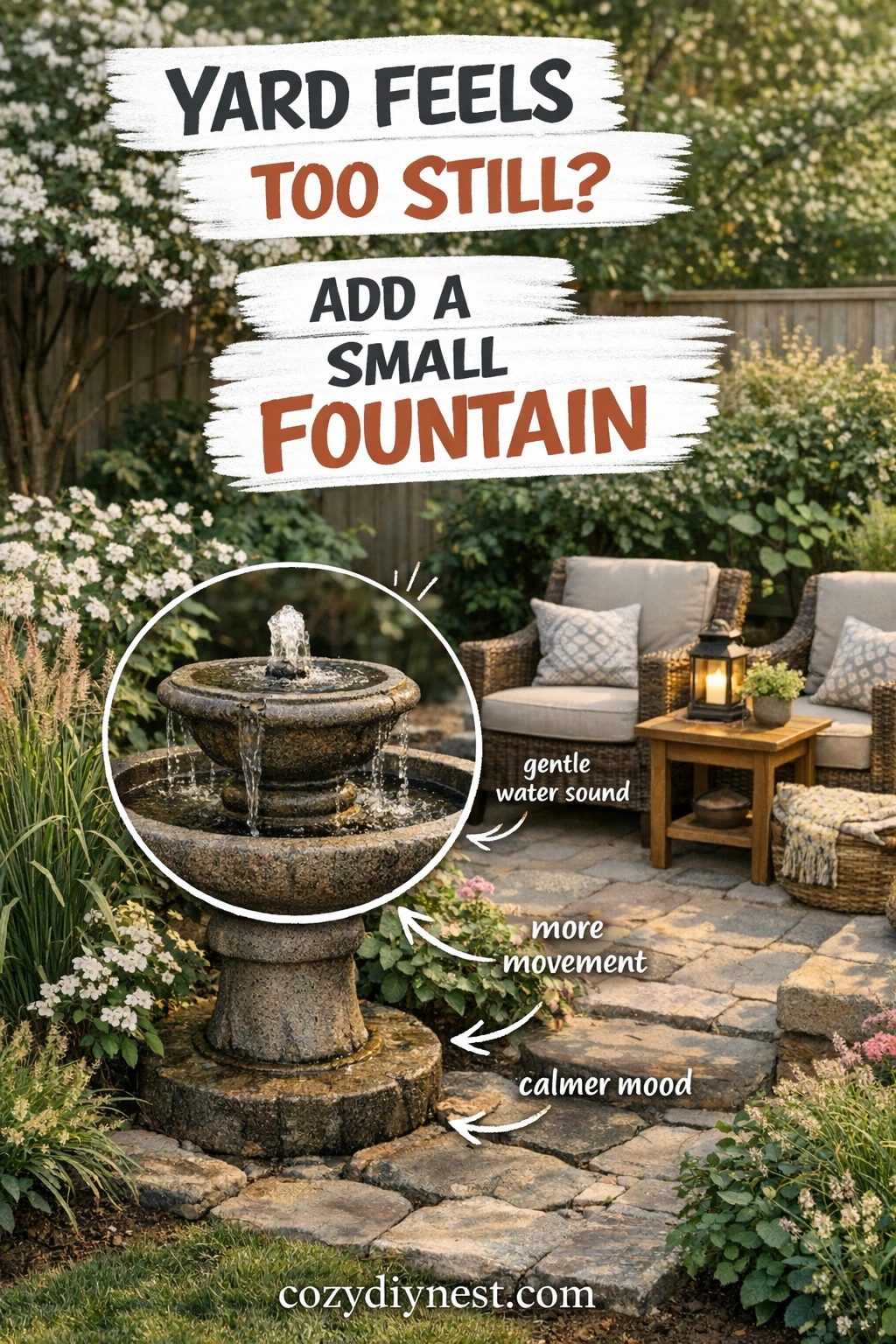 Small fountain adding movement and calm to a cozy home garden