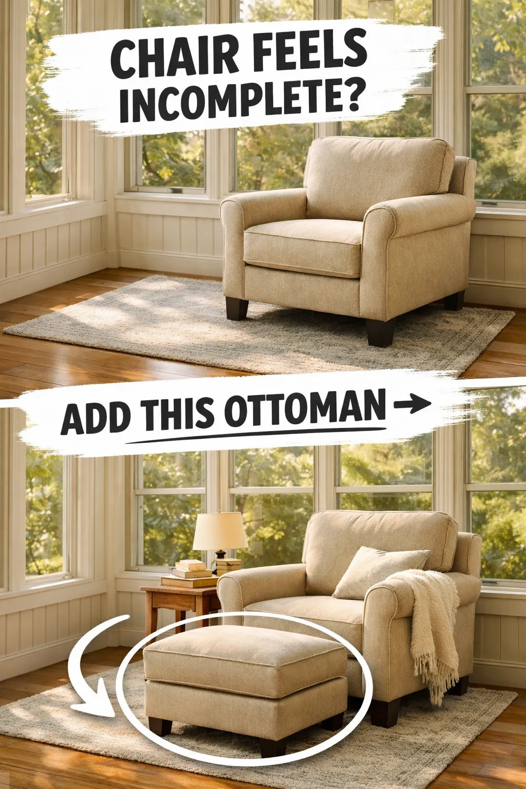 sunroom reading nook ideas with an ottoman that makes the chair feel more relaxing