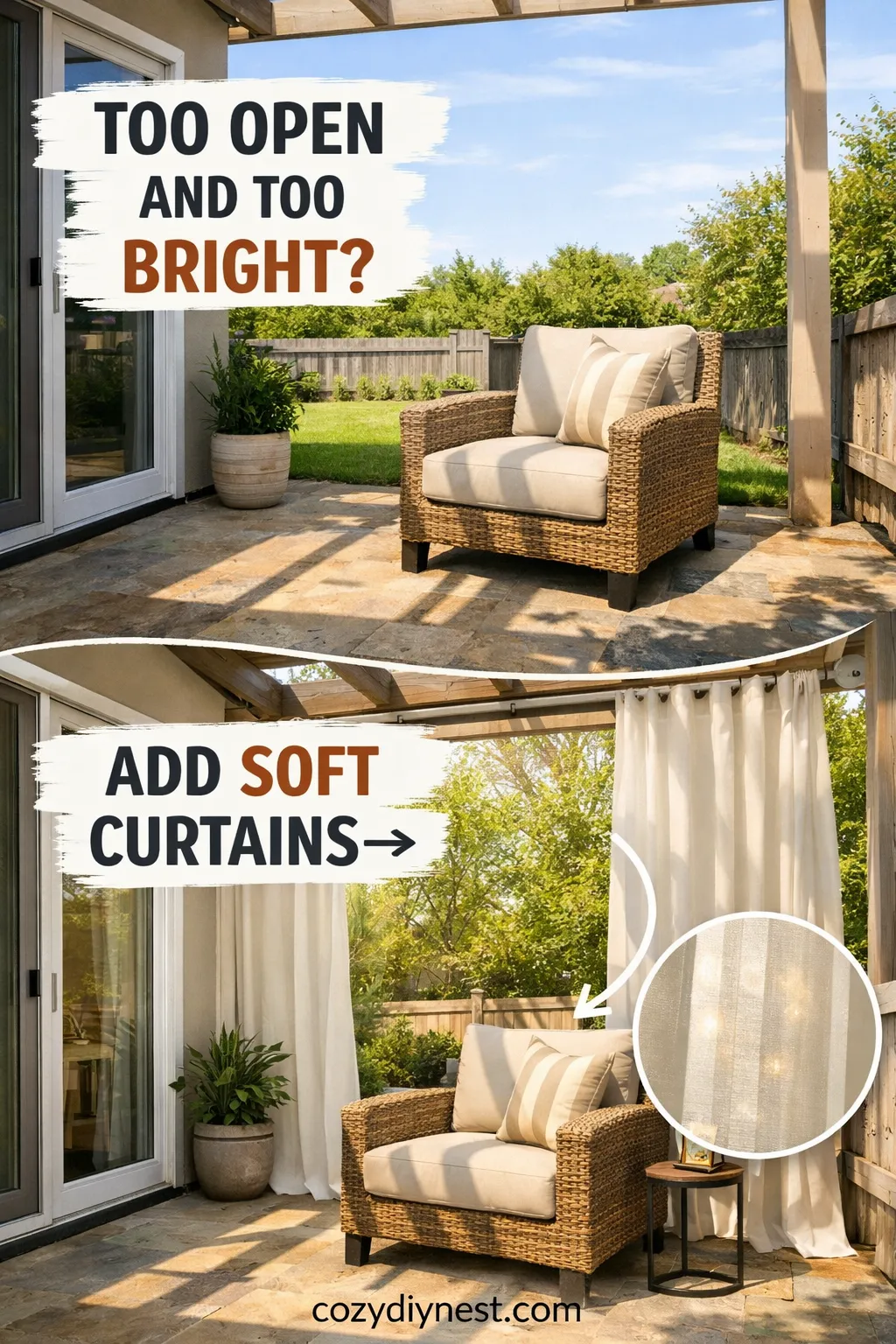 Outdoor curtains adding softness and privacy to a sunny backyard patio corner