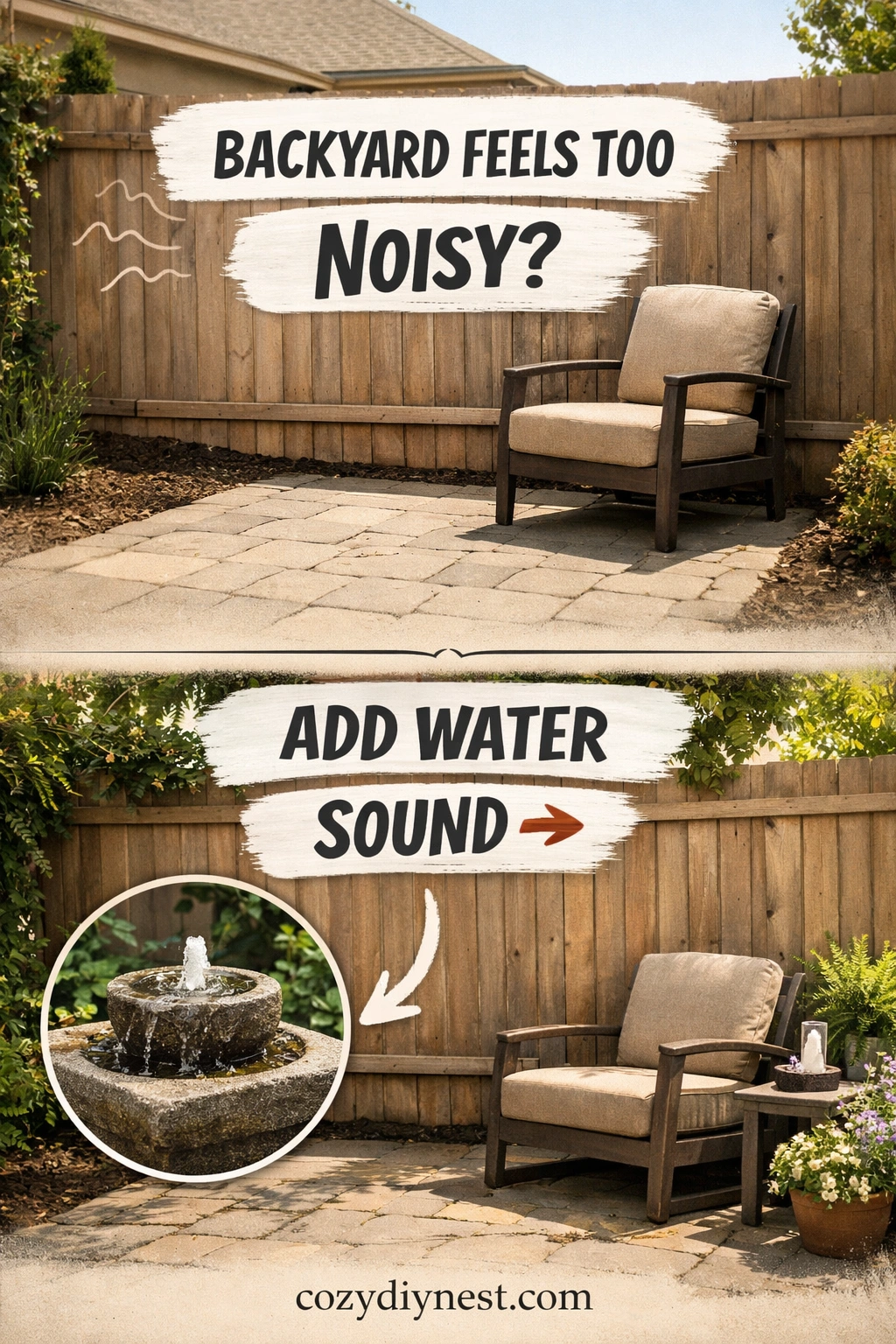 Small outdoor fountain bringing calming water sound to a backyard wellness corner