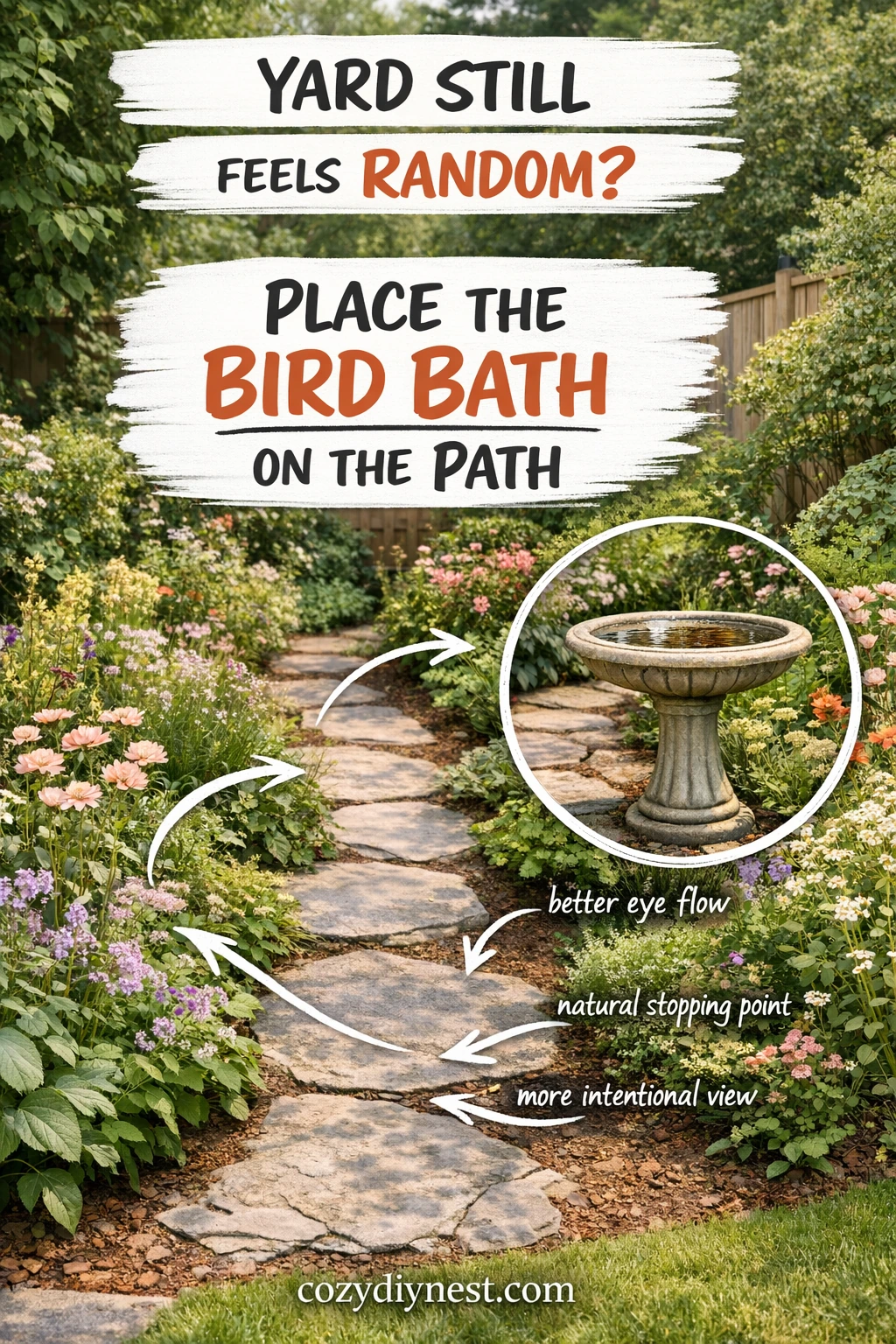 Bird bath placed along a small garden path for better visual flow
