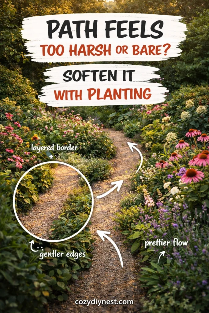 Garden path softened by layered border planting in a small backyard