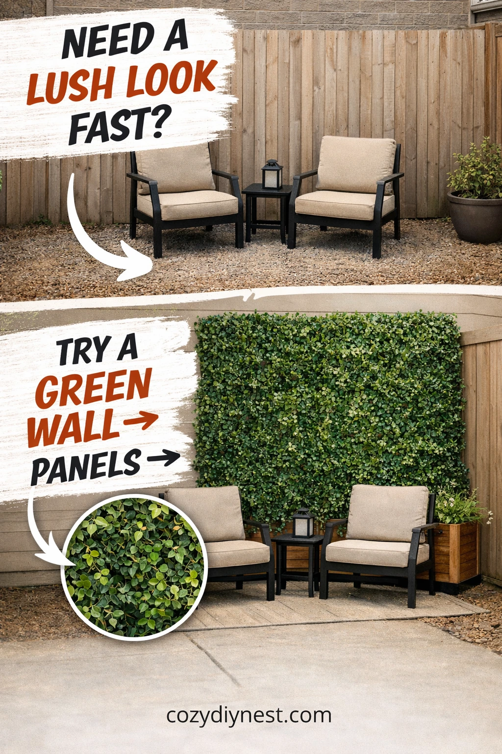 Faux greenery wall panels creating an instant lush backdrop in a small backyard