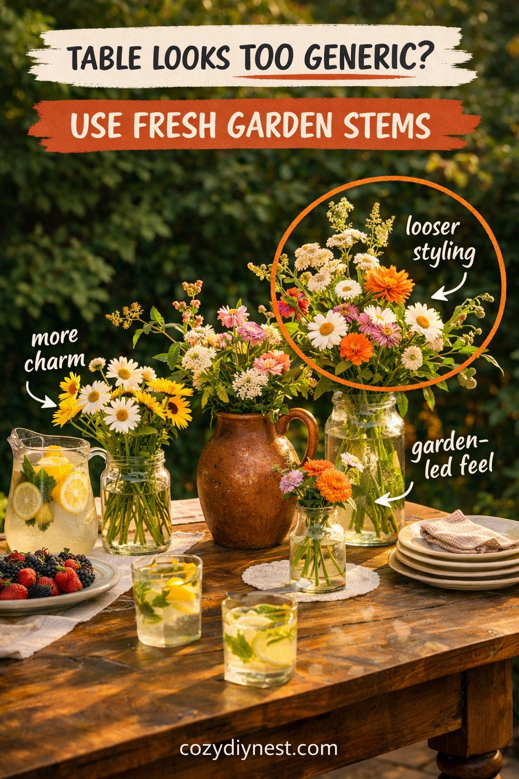 Fresh garden stems styled on an outdoor dining table in a warm backyard