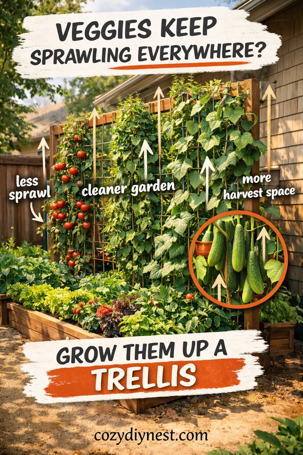 Vertical trellis wall organizing edible plants in a home vegetable garden