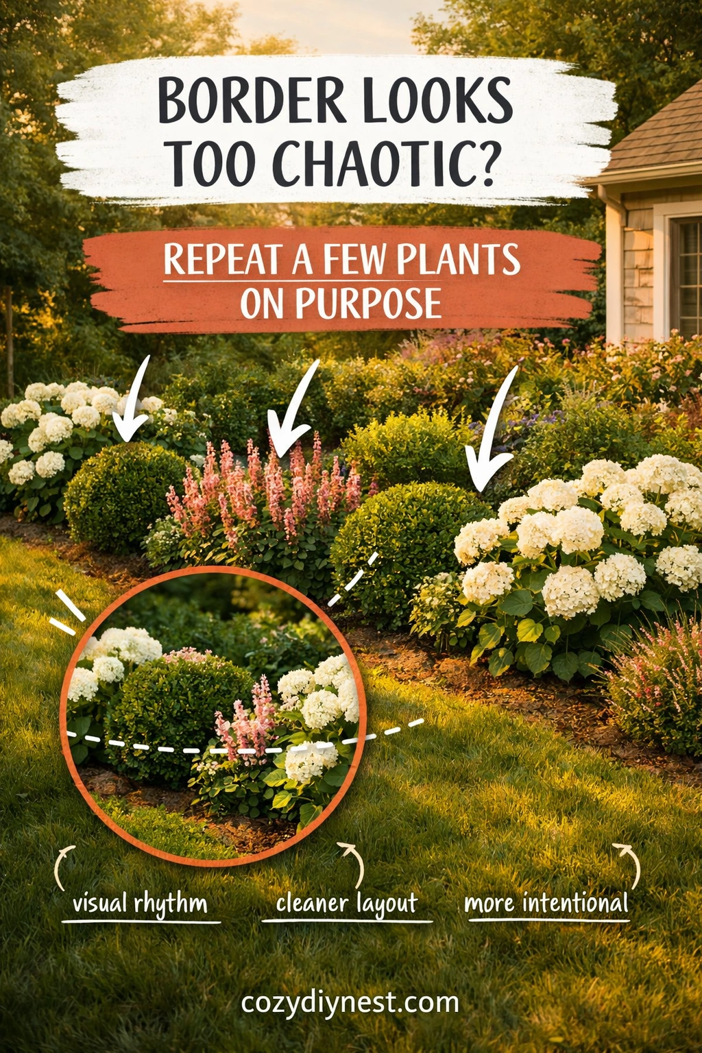 Repeated plants creating rhythm in a cottage garden border