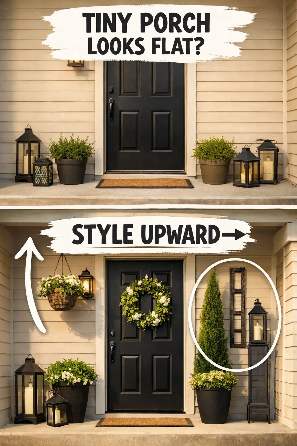 small front porch ideas using vertical styling to make a tiny entry feel taller