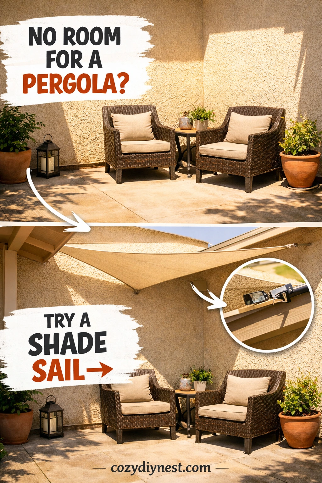 Triangle shade sail cooling an awkward small patio corner