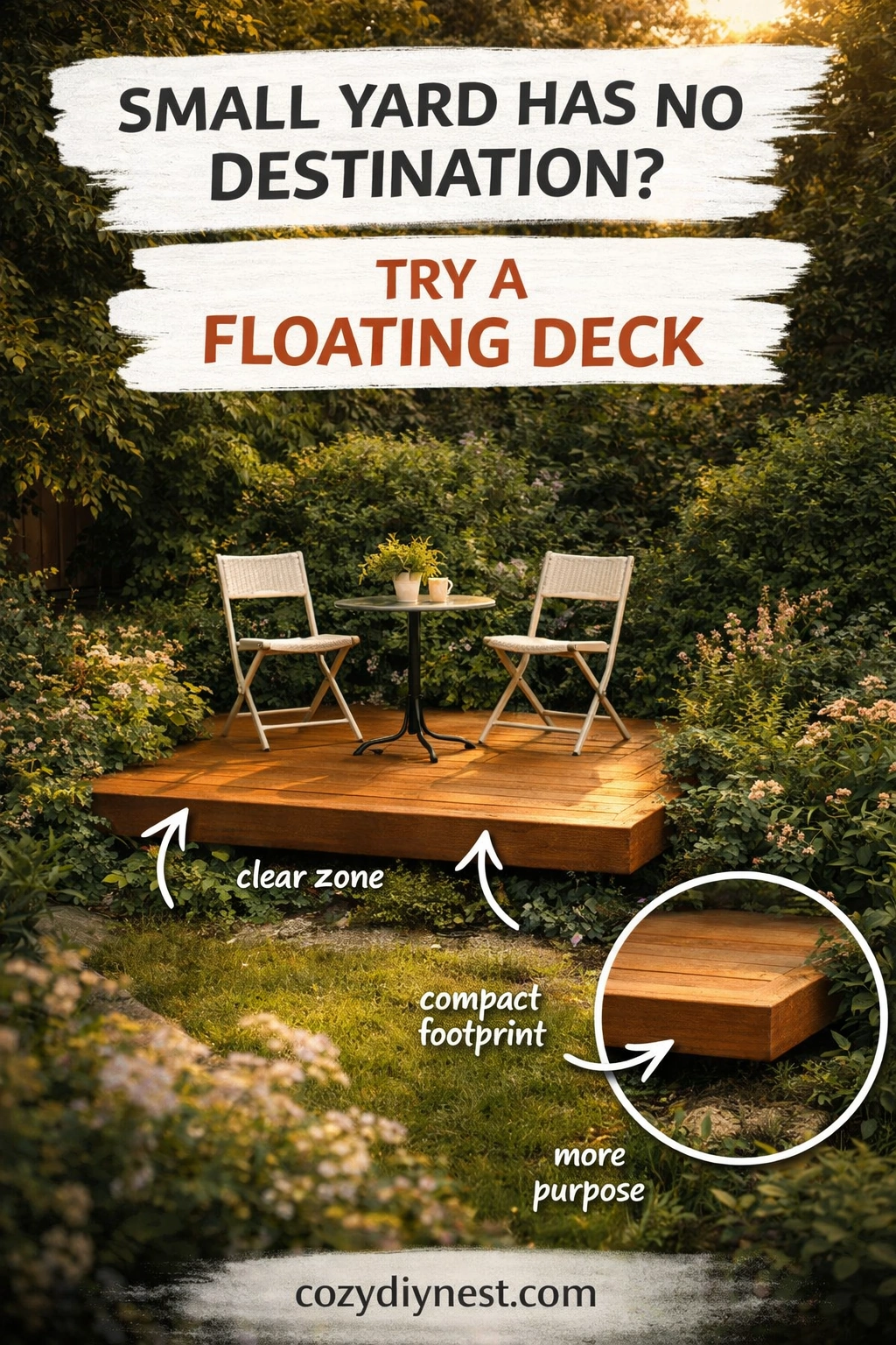 Floating-style low deck creating a destination in a small backyard