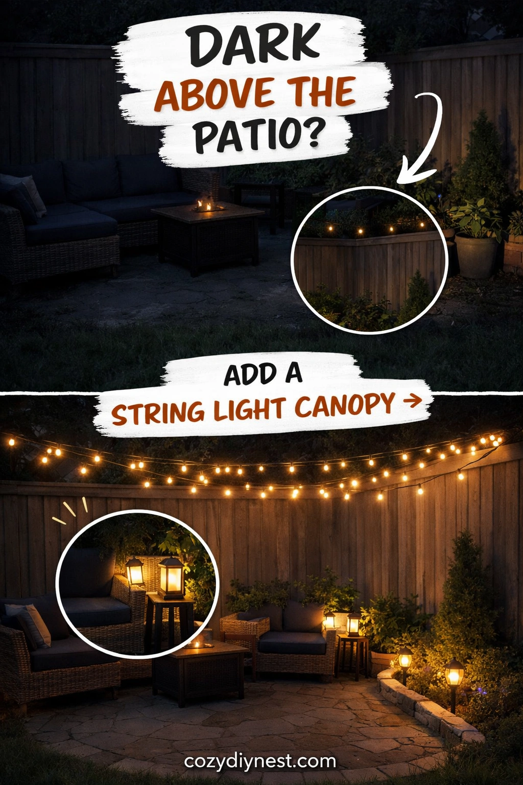 Overhead string lights creating a glowing canopy above a backyard seating corner