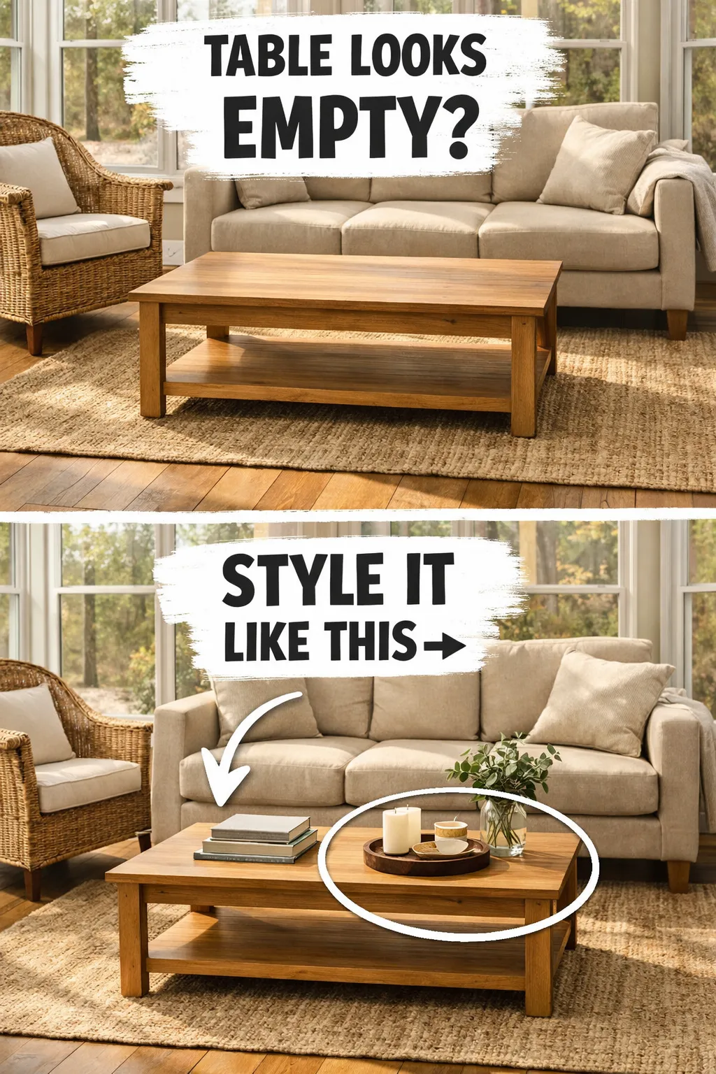 sunroom decor ideas with a styled coffee table in a bright room