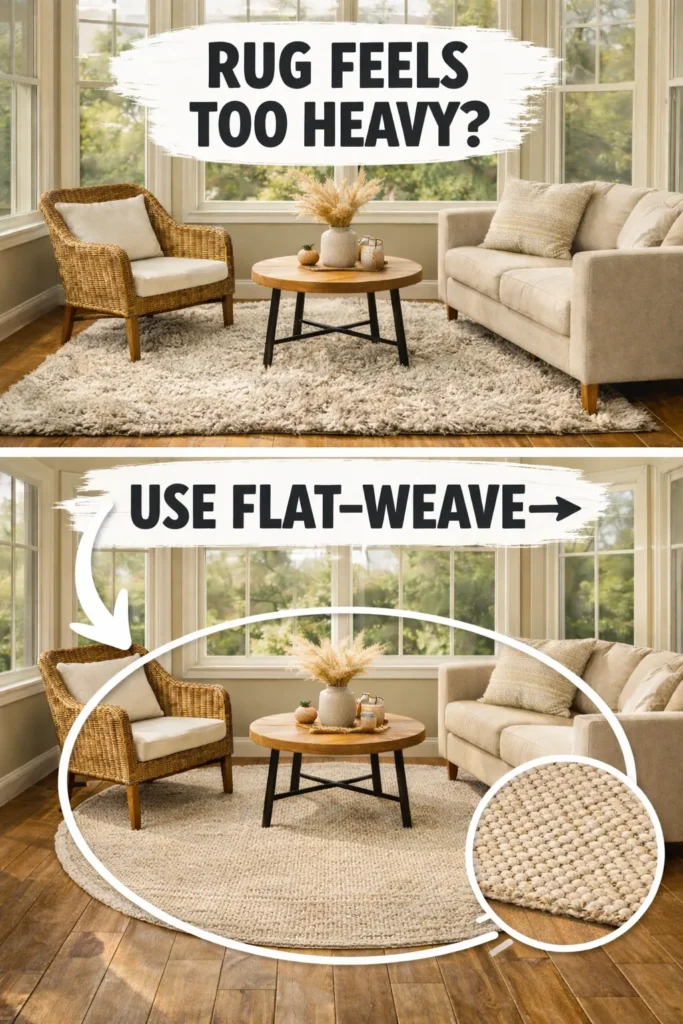 sunroom rug ideas using a flat-weave rug in a bright room