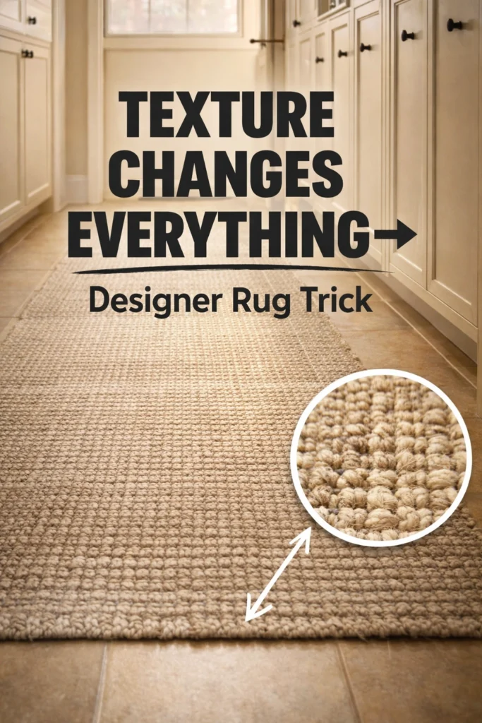 woven textured runner rug adding warmth and depth to a minimalist laundry mud room with neutral cabinetry and soft natural light