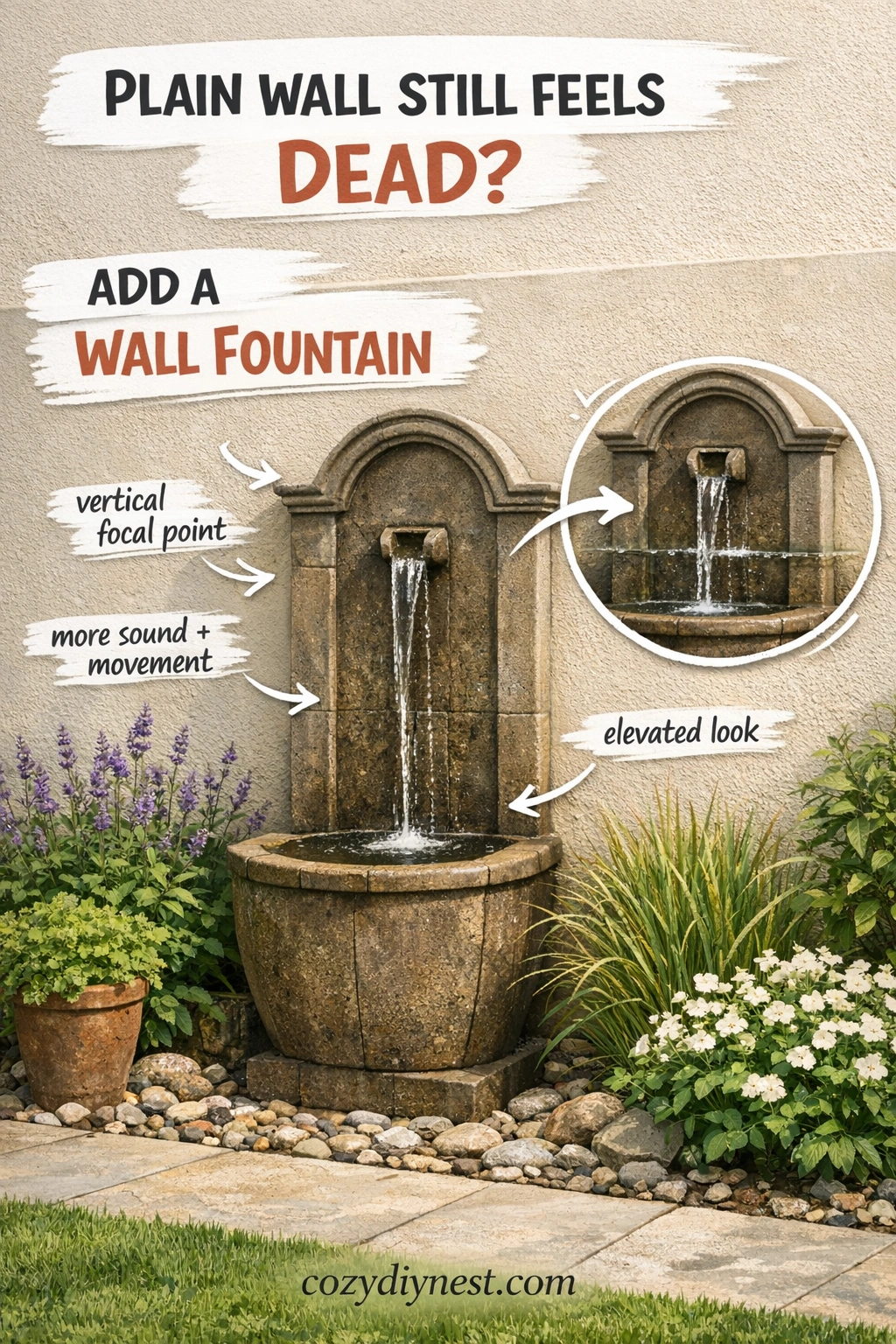 Wall fountain adding a vertical water feature to a plain backyard wall
